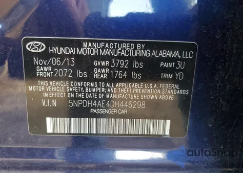 2013 Hyundai Elantra Limited from USA, damaged, VIN 5NPDH4AE4DH446298